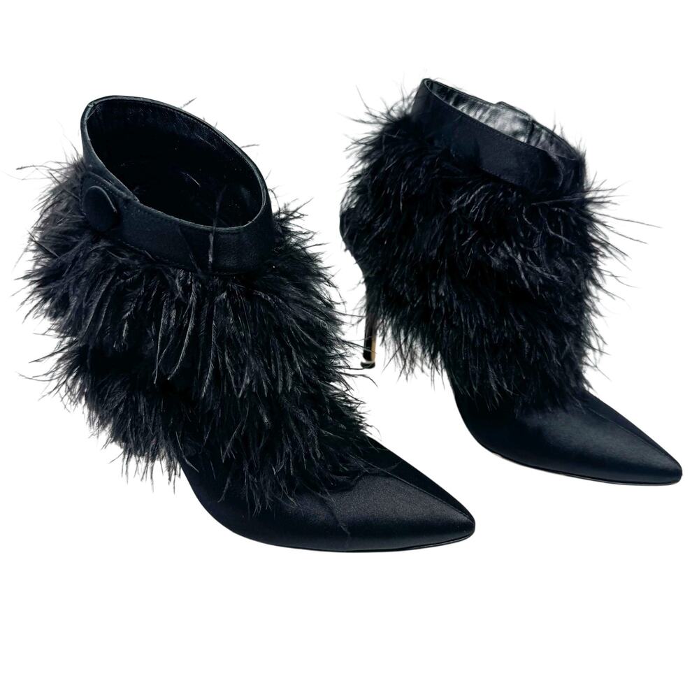Manolo Blahnik Oterala Black Satin Feather Ankle Boots Heels Pointed Toe 37 7 4
